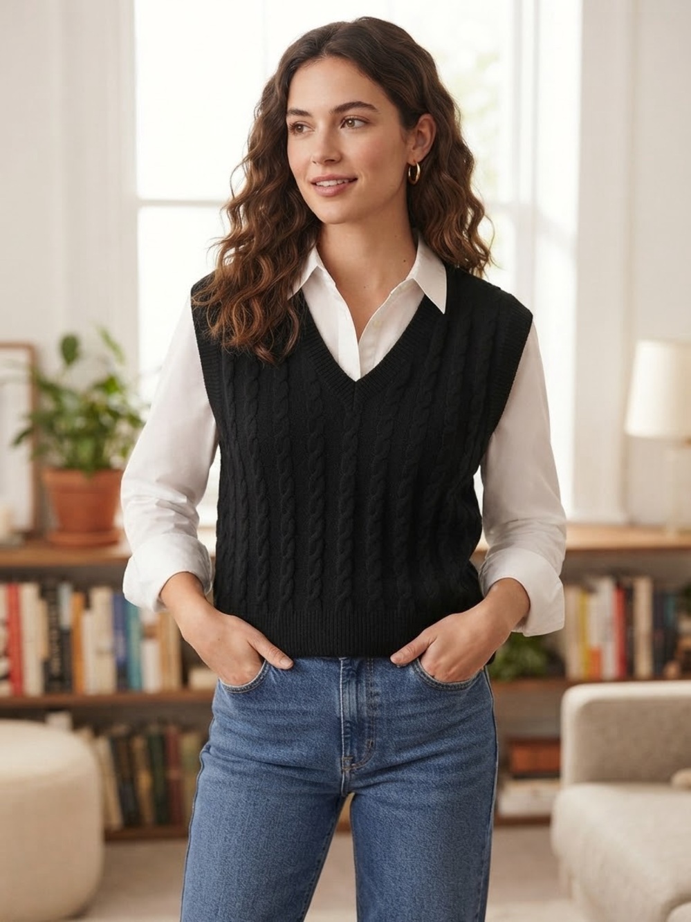 Cupcakes & Cashmere Black Cable Knit V-Neck Sweater Vest